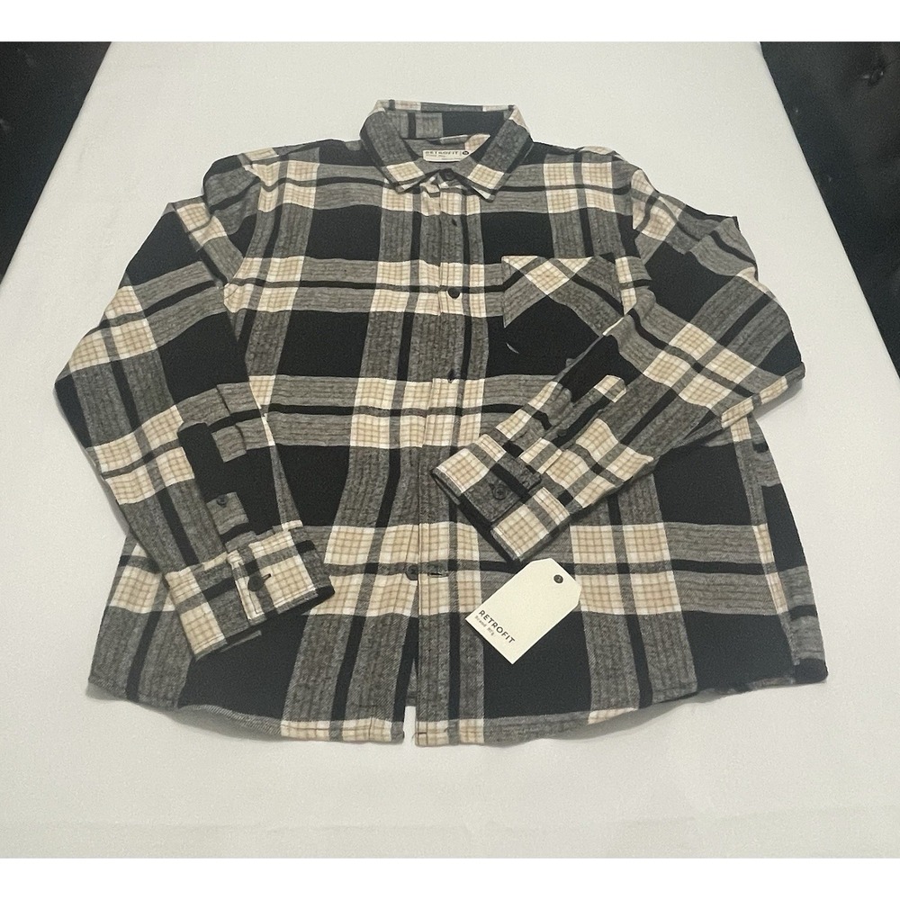 Retrofit Brand Mfg Men's Plaid Flannel Shirt Medium Black Gray Tan Button Up NWT